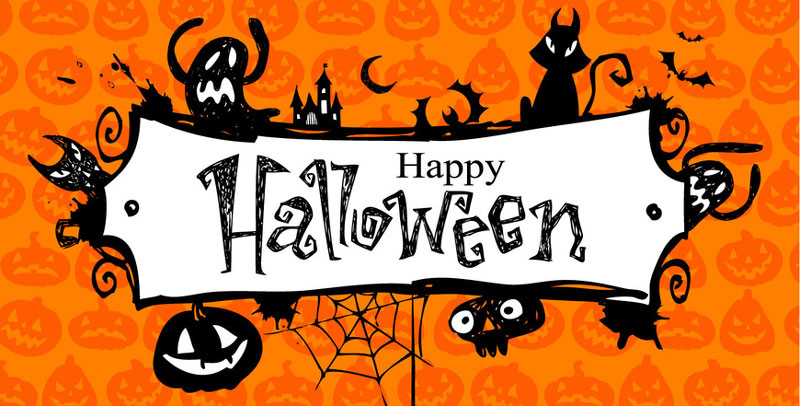 "Happy Halloween" surrounded with graphics of little gouls and spiders