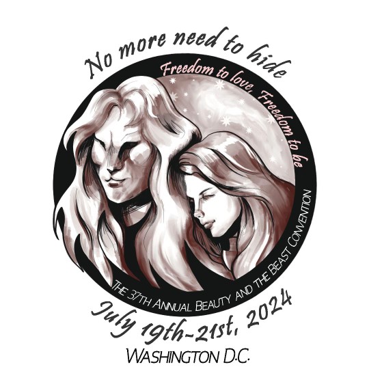 No more need to hide; Freedom to love, Freedom to be; The 37th Annual Beauty and the Beast Convention; July 19th-21st, 2024; Washington DC; Black and white Vincent and Catherine drawing from chest up, stars in the background; art by Crowmama