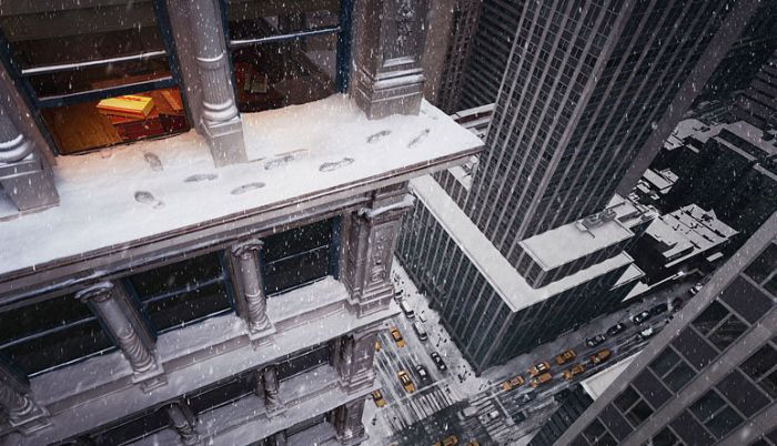 Footprints on a snowy building’s ledge, high above a wintry New York intersection, lead to an open window. 