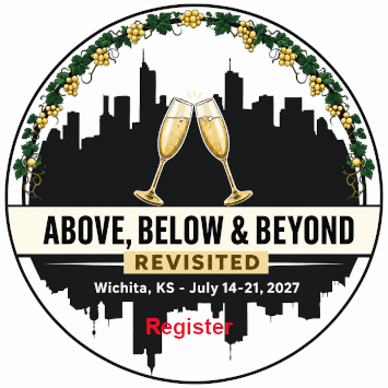 Above, Below & Beyond Revisited; Wichita, KS July 14-21, 2027; Wichita skyline above, reverse image of skyline below; champagne glasses foreground with a border of grapes above