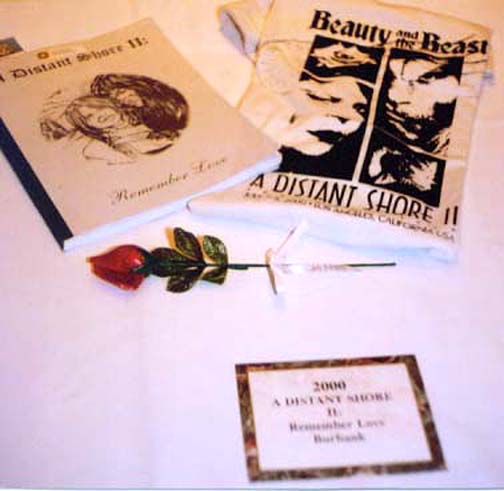 an assortment of Distant Shore II items: conzine, tshirt, a fake, long-stemmed red rose, kinda sparkly