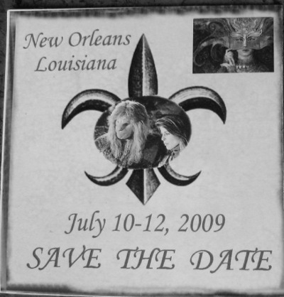 square magnet, flat; upper left corner: New Orleans | Louisiana; upper right corner: a woman with an elaborate mask; bottom center: July 10-12, 2009 | SAVE THE DATE; center: a fleur de lys with Vincent and Catherine in an oval superimposed over it