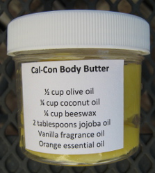 recipe: Cal-Con Body Butter; 1/2 cup olive oil; 1/4 cup coconut oil; 1/4 cup beeswax; 2 tablespoons jojoba oil; vanilla fragrance oil; orange essential oil