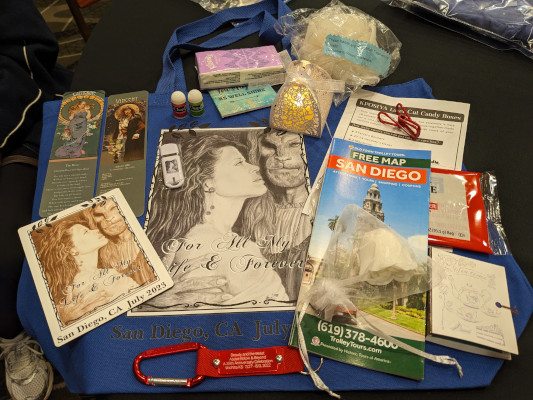 C&V bookmarks, magnet with con logi, chap stick, kleenex, small notepad, bath puff, San Diego map, microwave popcorn, rose, tea from Austria, keychain; also usb stick with con logo containing the conzine