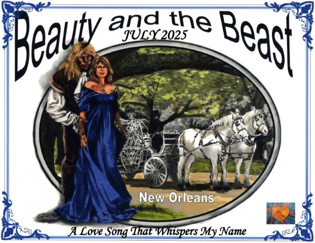 Beauty and the Beast; July 2025; New Orleans; A Love Song That Whispers My Name; white mules are hitched to a whie carriage; Vincent stands behind Catherine wearing his frilly shirt; Catherine wears a deep blue evening gown and her crystal